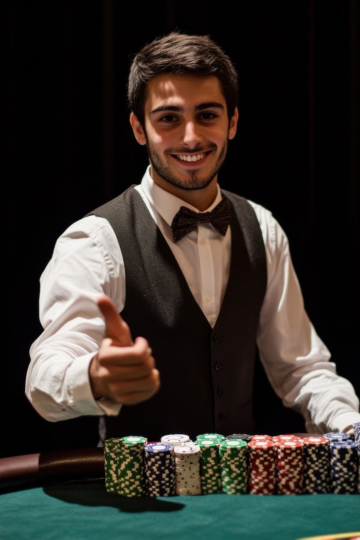Dealer live casino sedang membagikan kartu dalam permainan baccarat di ricis88